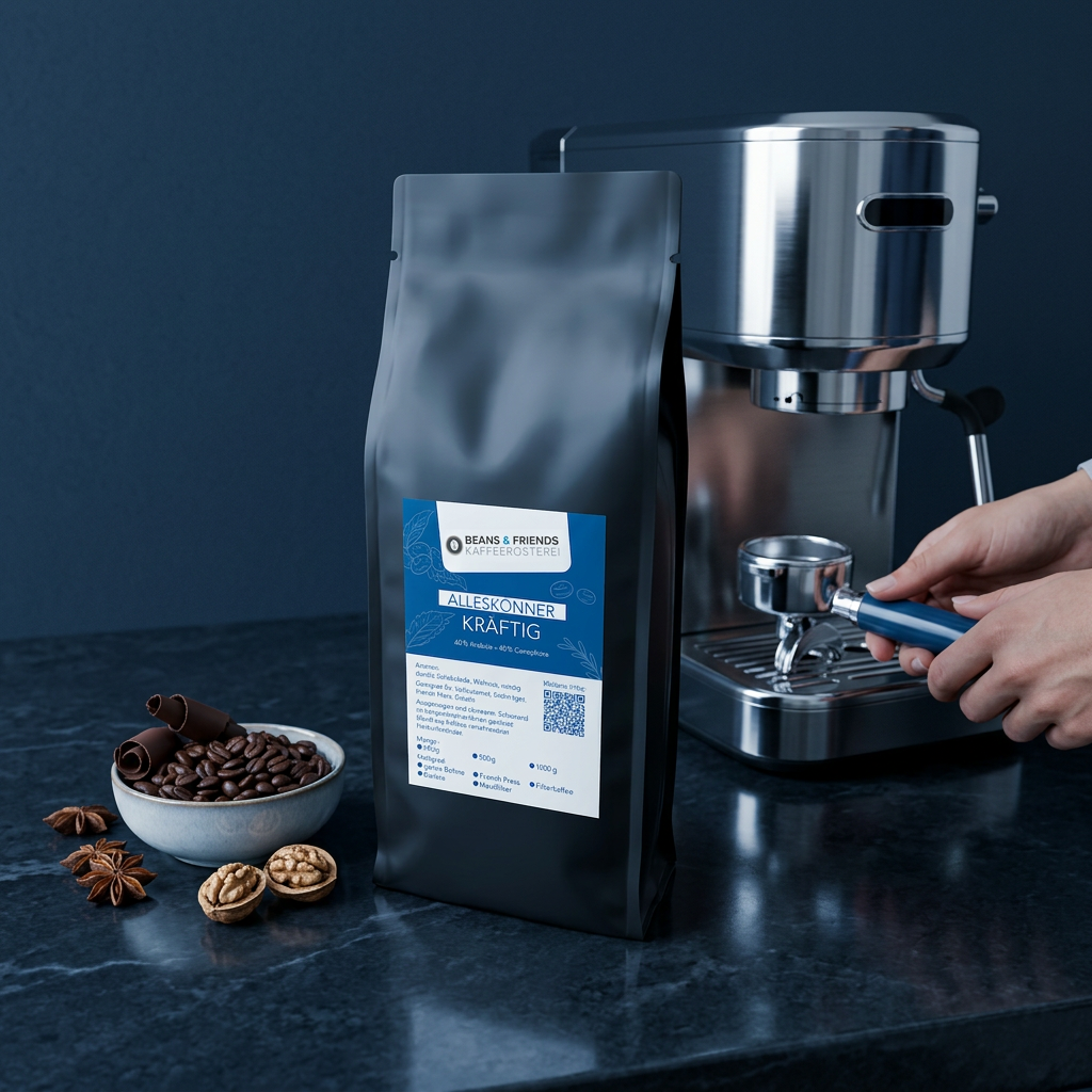 Alleskönner Kräftig von Beans & Friends im Siebträger zubereitet – kräftiger Kaffee mit dunklen Schokoladen- und Röstaromen