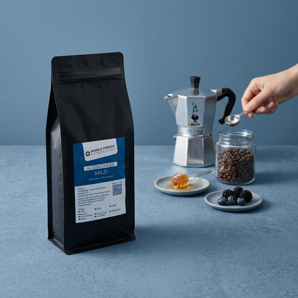 Alleskönner Mild von Beans & Friends aus der Bialetti – harmonischer Kaffee mit sanfter Röstaromatik, feiner Schokolade und dezenten dunklen Beerennoten