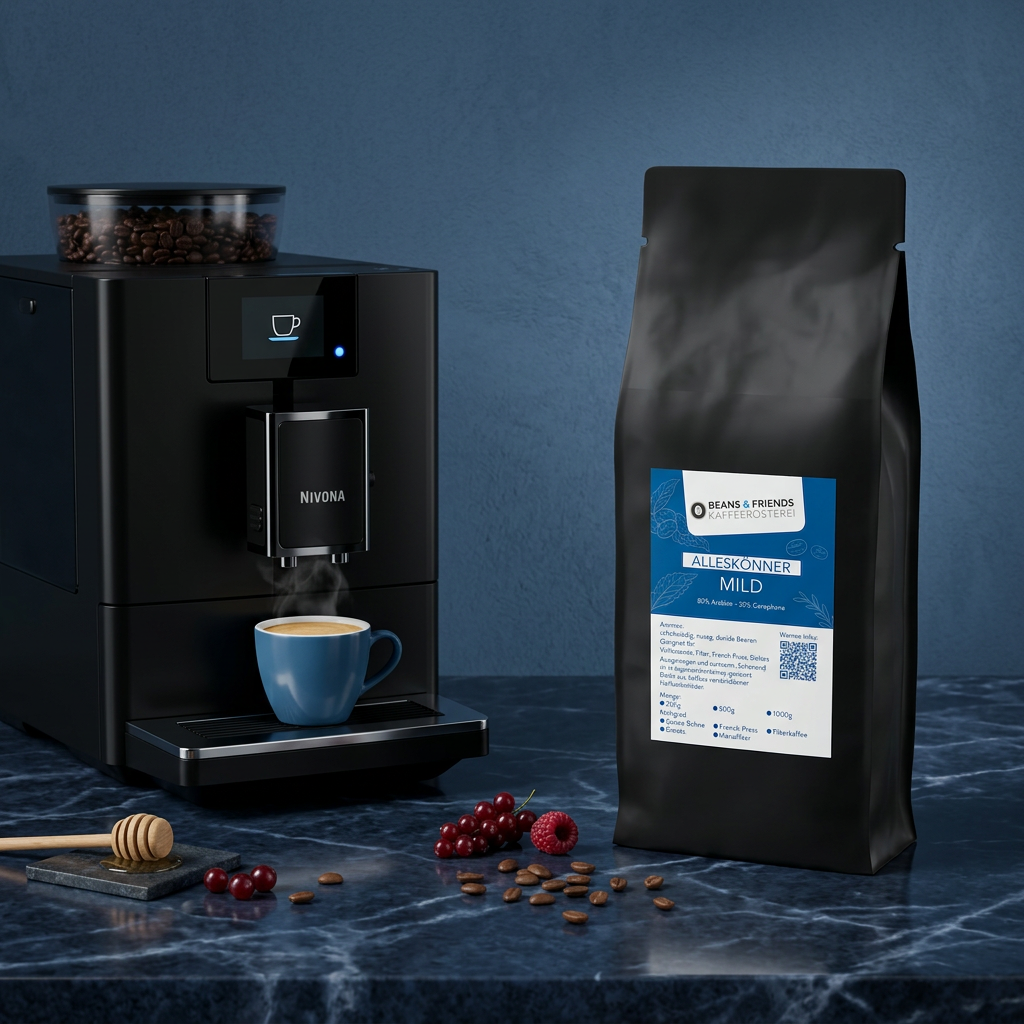 Alleskönner Mild von Beans & Friends in der French Press – milder Kaffee mit sanften Nuss- und Schoko- Beerennoten