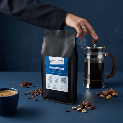 Alleskönner Mittel von Beans & Friends in der French Press zubereitet – ausgewogener Kaffee mit nussigen und schokoladigen Toffeenoten