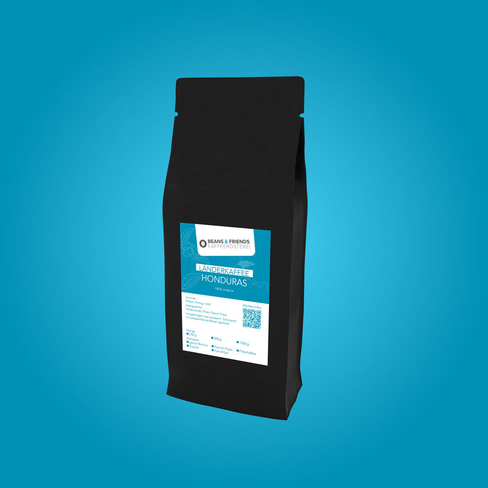 Honduras Kaffee ganze Bohnen von Beans and Friends – 100 % Arabica mit Noten von Kakao und Honig, mittelkräftig, weich und ausgewogen mit besonders angenehmem Mundgefühl.