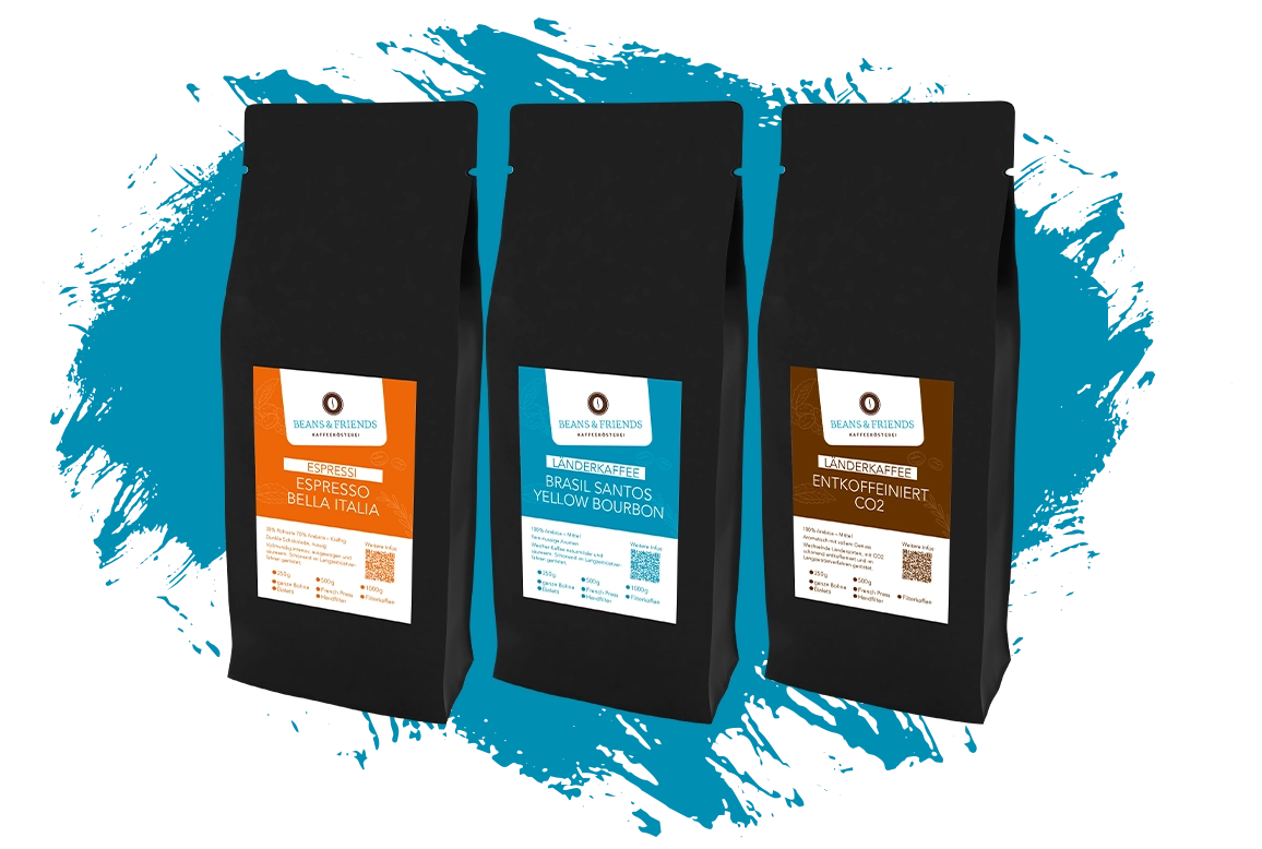 Kategoriebild für Röstkaffee, zeigt in einem Farbklecks die drei Kaffeesorten: Espresso, Sortenreinenkaffee und Mischungen. Die Auswahl an hochwertigen Röstkaffees für Kaffeeliebhaber