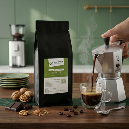 Landkaffee Kräftig für Bialetti und Mokkakanne – kräftiger Kaffee mit dunkler Schokolade, Walnuss und intensivem Geschmack.