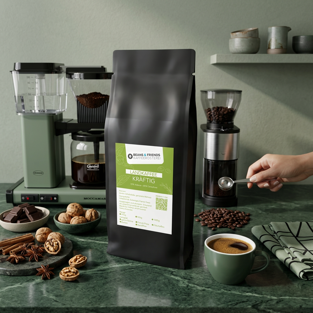 Landkaffee Kräftig für Filterkaffee – kräftiger Kaffee mit Walnuss- und Schokoladenaromen, intensiv und ausgewogen.