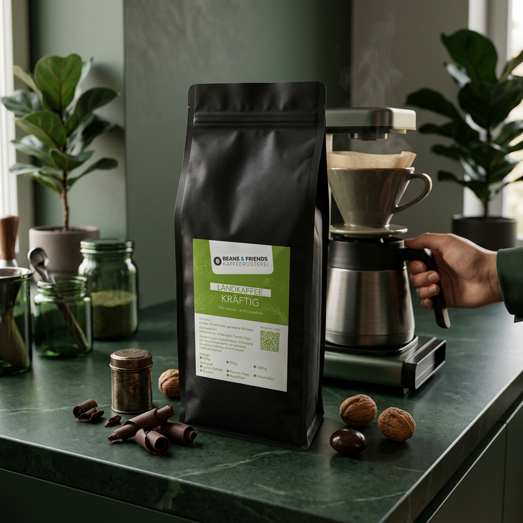 Landkaffee Kräftig für Filterkaffee, Kaffeemaschine – vollmundige Kaffeemischung mit kräftigem Körper, dunkler Schokolade und nussigen Noten.