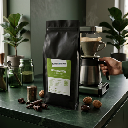 Landkaffee Kräftig für Filterkaffee, Kaffeemaschine – vollmundige Kaffeemischung mit kräftigem Körper, dunkler Schokolade und nussigen Noten.