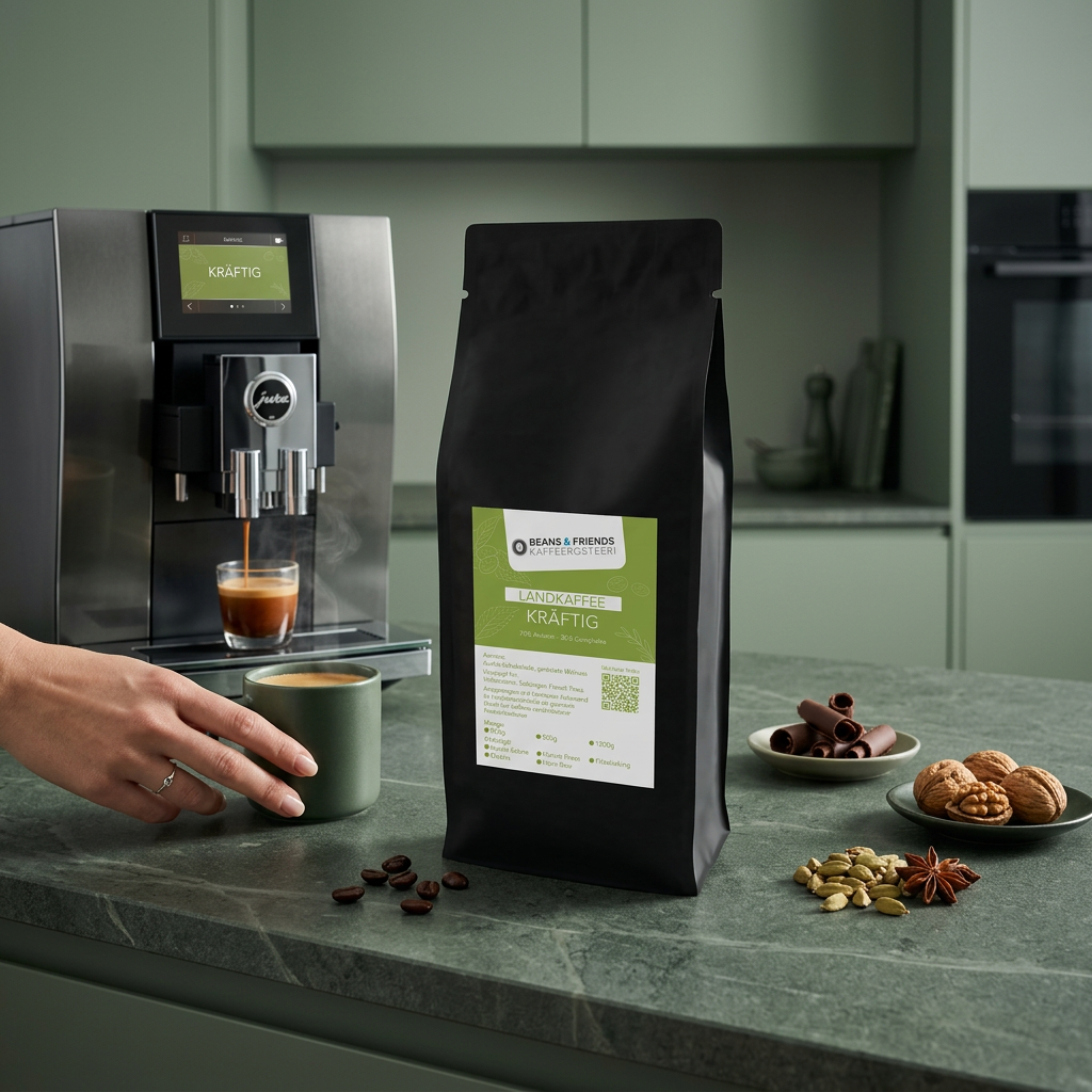 Landkaffee Kräftig für Vollautomaten – kräftige Kaffeemischung mit dunklen Schokoladennoten, Walnussaroma und vollmundigem Charakter.