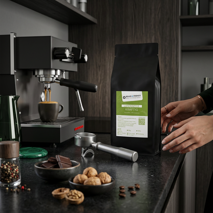 Landkaffee Kräftig für Siebträger – kräftiger Kaffee mit dunkler Schokolade, Walnuss und dichter Crema, ideal für Espresso und Café Crème.