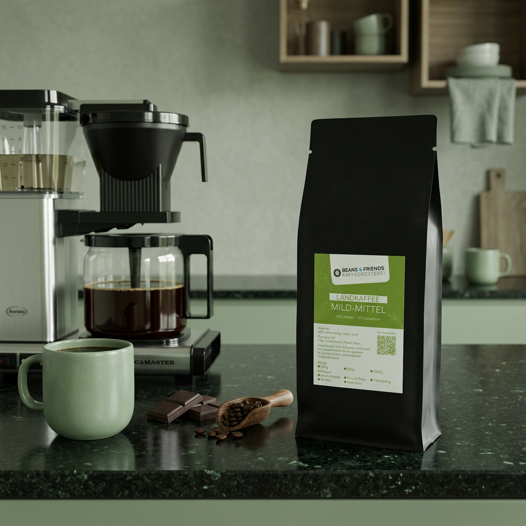 Landkaffee Mild Filterkaffeemaschine  – harmonischer Kaffee mit feiner Schokolade, weichem Körper und ausgewogenem Geschmack.