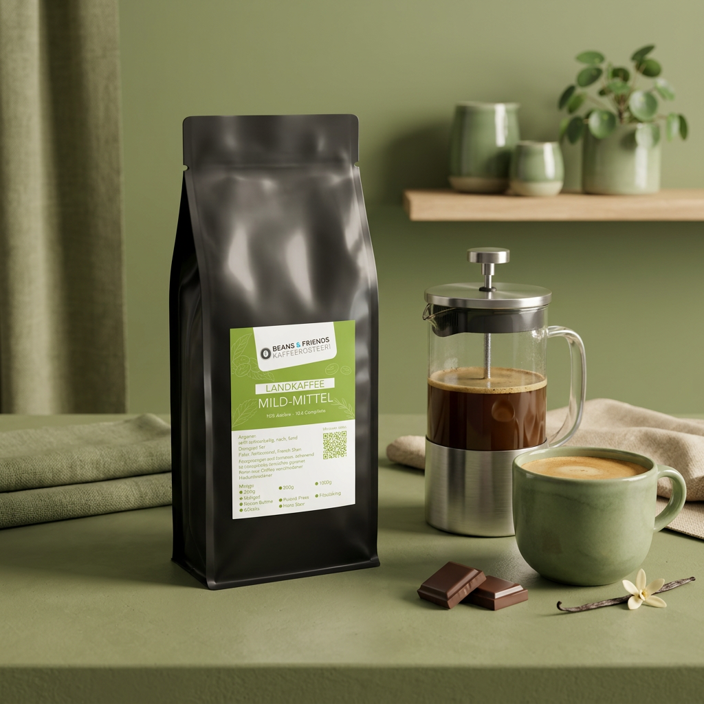 Landkaffee Mild für French Press – 90 % Arabica und 10 % Canephora mit feinen Schokoladennoten, weich, rund und angenehm mild.