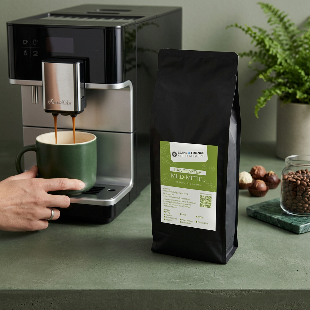 Landkaffee Mild für Vollautomaten von Beans and Friends – 90 % Arabica und 10 % Canephora mit feinen Schokoladennoten, weich, mild und ausgewogen.