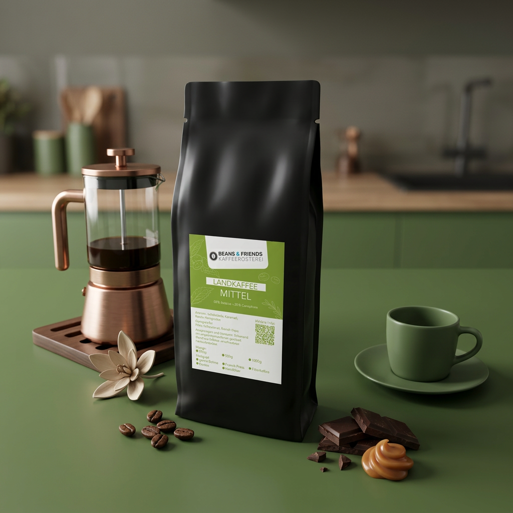 Landkaffee Mittel für French Press – ausgewogene Kaffeemischung mit schokoladigem Aroma, feiner Süße und angenehmer Tiefe.
