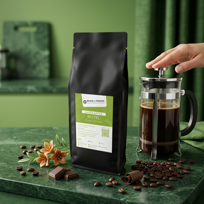 Landkaffee Mittel für French Press – vollmundiger Kaffee mit Schokolade, Karamell und feinen floralen Noten, ausgewogen und rund.