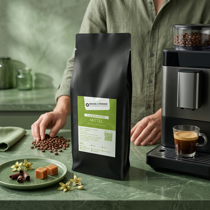 Landkaffee Mittel für Vollautomaten von Beans and Friends – 80 % Arabica und 20 % Canephora mit Noten von Schokolade, Karamell und feinen floralen Nuancen.