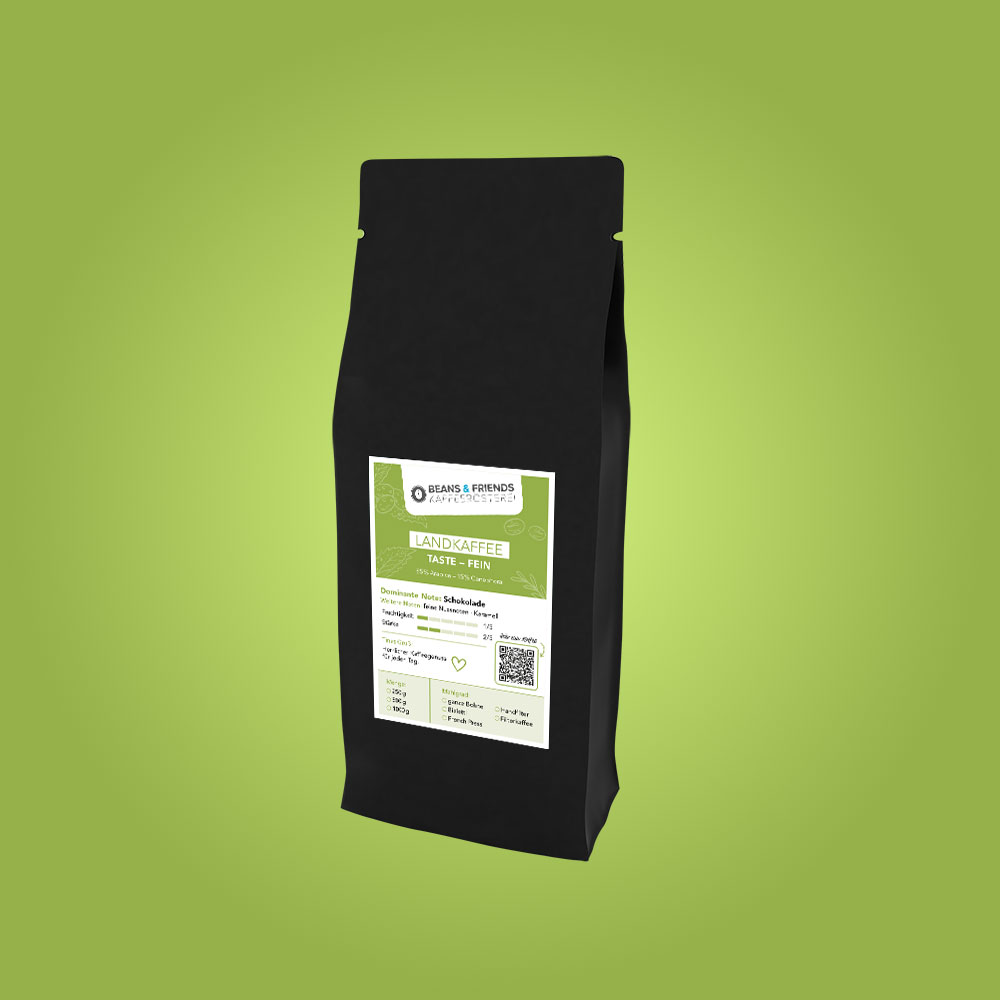 Landkaffee taste - fein ganze Bohnen von Beans and Friends – 85 % Arabica und 15 % Canephora mit schokoladigen Noten, geeignet für Vollautomat, Filterkaffee und Bialetti