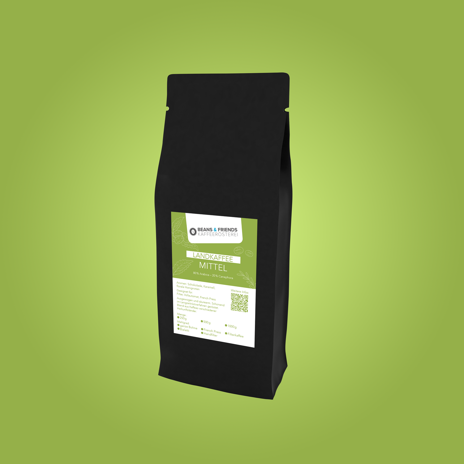 Landkaffee Mittel ganze Bohnen von Beans and Friends – 80 % Arabica und 20 % Canephora mit Schokolade, Karamell und feinen floralen Noten, ausgewogen und vielseitig.