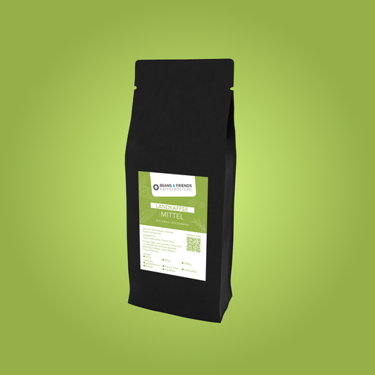 Landkaffee Mittel ganze Bohnen von Beans and Friends – 80 % Arabica und 20 % Canephora mit Schokolade, Karamell und feinen floralen Noten, ausgewogen und vielseitig.