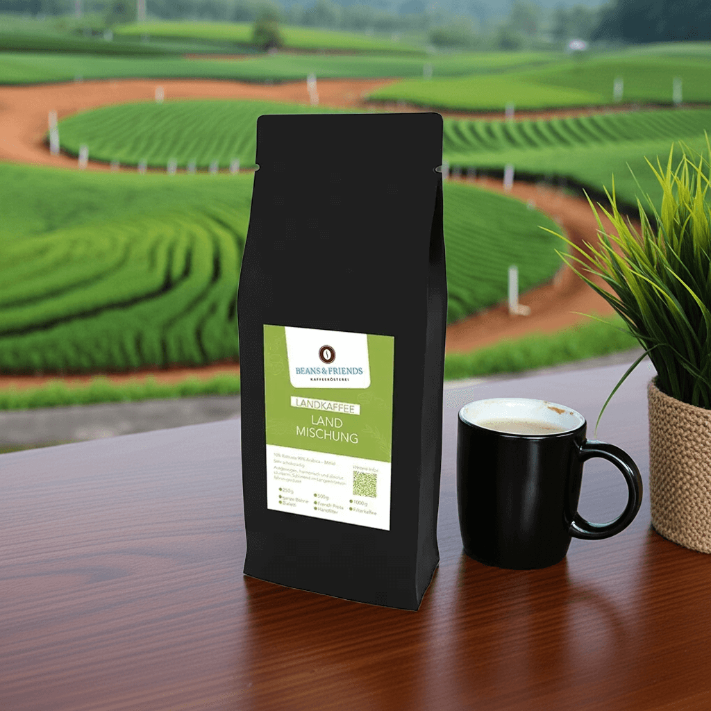 Die Tüte des „Landkaffees“ steht auf einem rustikalen Holztisch, dahinter erstrecken sich grüne Wiesen und goldene Felder – ein Kaffee wie vom Land: ruhig, ehrlich und naturverbunden.