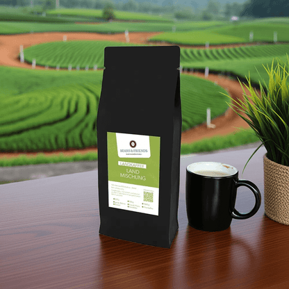 Die Tüte des „Landkaffees“ steht auf einem rustikalen Holztisch, dahinter erstrecken sich grüne Wiesen und goldene Felder – ein Kaffee wie vom Land: ruhig, ehrlich und naturverbunden.