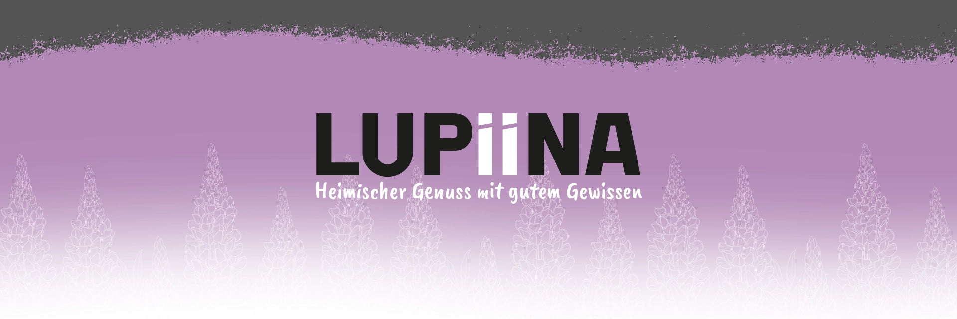 „Banner in Lupinenlila mit der Aufschrift ‚LUPIINA – HEIMISCHER GENUSS MIT GUTEM GEWISSEN‘ in Großbuchstaben. Das Design vermittelt die natürliche und nachhaltige Philosophie des Produkts und wird durch das zugehörige Logo ergänzt.“