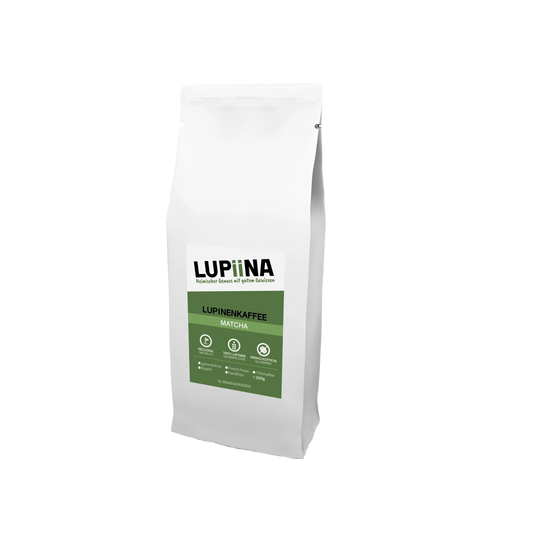 Lupiina Matcha Lupinenkaffee mit grünem Etikett – natürliche Kombination aus Lupine und Natur-Matcha in weißer Tüte.