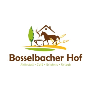 „Bosselbacher Hof Logo – Kaffee- und Pferdelogo in Grün, Gelb und Braun, Gastrokunde.“