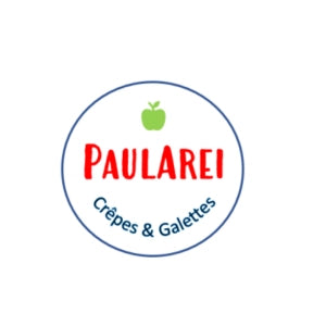 „Paulerei Logo – Rotes Logo und grüner Apfel - Symbol für frische mit dem Marktwagen und Crepes auf verschiedene Märkte zu finden , Wiederverkäufer und Kundin für guten Kaffee.“