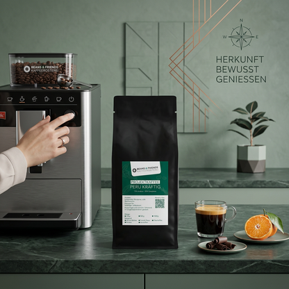Peru Kräftig von Beans & Friends im Vollautomaten zubereitet – vollmundiger Kaffee mit kräftigem Charakter und Mandarinennote