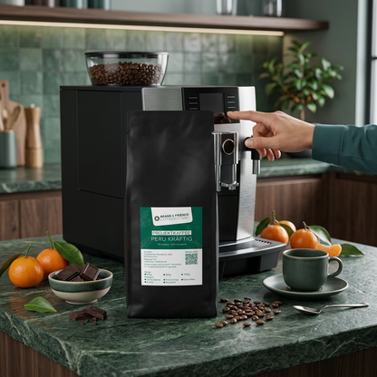 Peru Kräftig von Beans & Friends im Vollautomaten – kräftiger Kaffee mit intensiven Röstaromen und dunkler Schokolade - leichte Fruchtnote