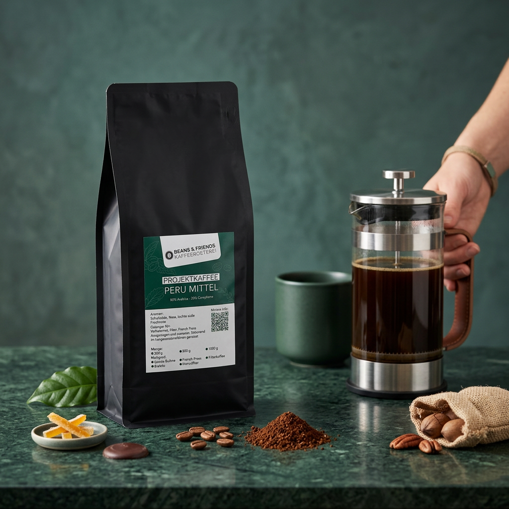 Peru Mittel von Beans & Friends in der French Press – vollmundiger Kaffee mit schokoladigen und nussigen Noten