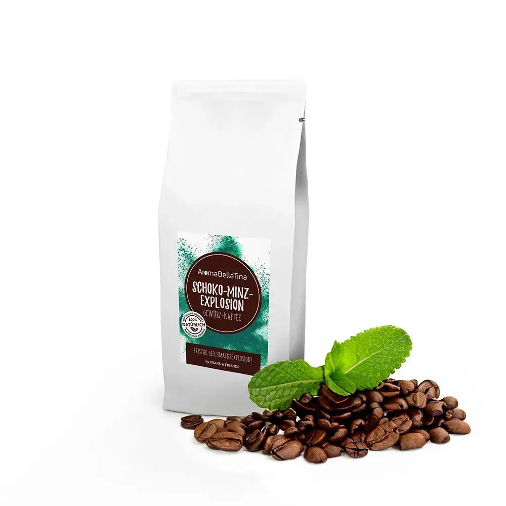 Minze Kaffee in weißer Papier-Aromatüte mit einem farbigen Etikett. Das Design spiegelt die Farbenpracht der Gewürzwelt wider und hebt die erfrischende Minznote des Kaffees hervor.