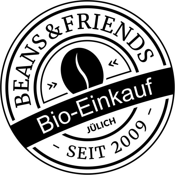 Kaffeelogo in Stempelform mit der Aufschrift, Bio-Einkauf, Beans & Friends, Jülich seit 2009, im Stempel wird eine Kaffeebohne abgebildet