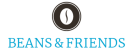 Logo in den Farben weiß, braun, blau der, als Bild eine Kaffeebohne mit dem Schriftzug beans and friends
